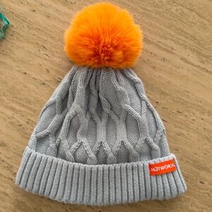 Hotworx Gray Cable Knit Beanie with Orange Pom-Pom